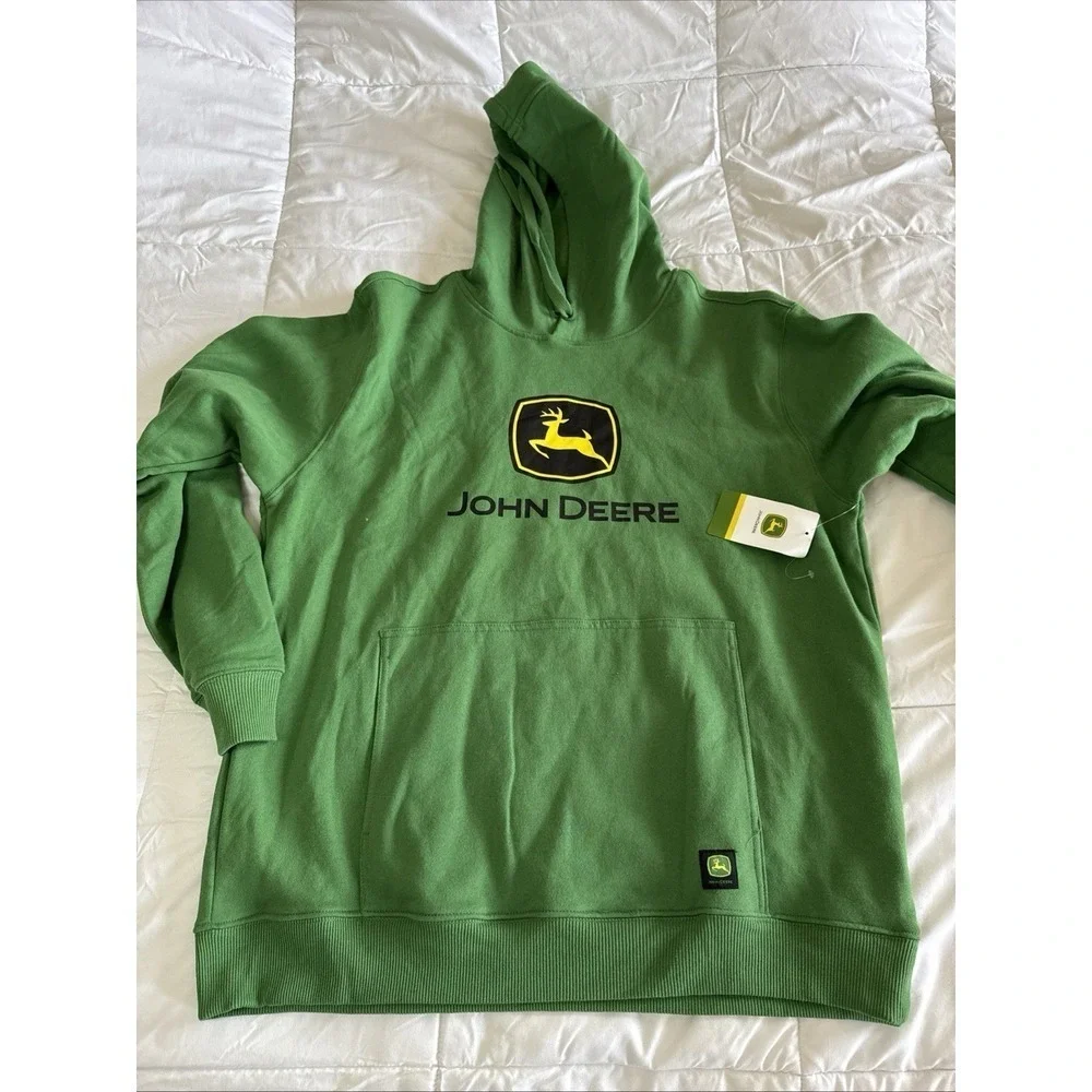 New JOHN DEERE Hoodie Size Large Big Logo Green Yellow Workwear Sweatshirt